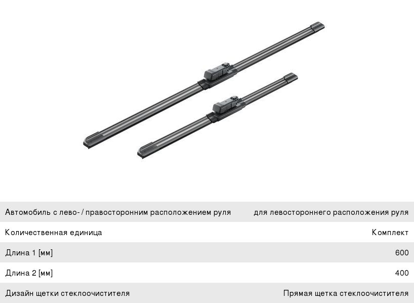 Щетка стеклоочистителя VW Polo (09-) AUDI A1 (10-) 600400мм комплект Aerotwin BOSCH