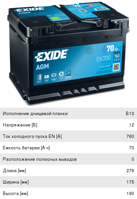 Аккумулятор EXIDE Premium 70Ач 760A