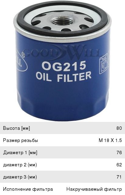 Изображение 1, OG-215 Фильтр масляный DAEWOO Nexia GOOD WILL