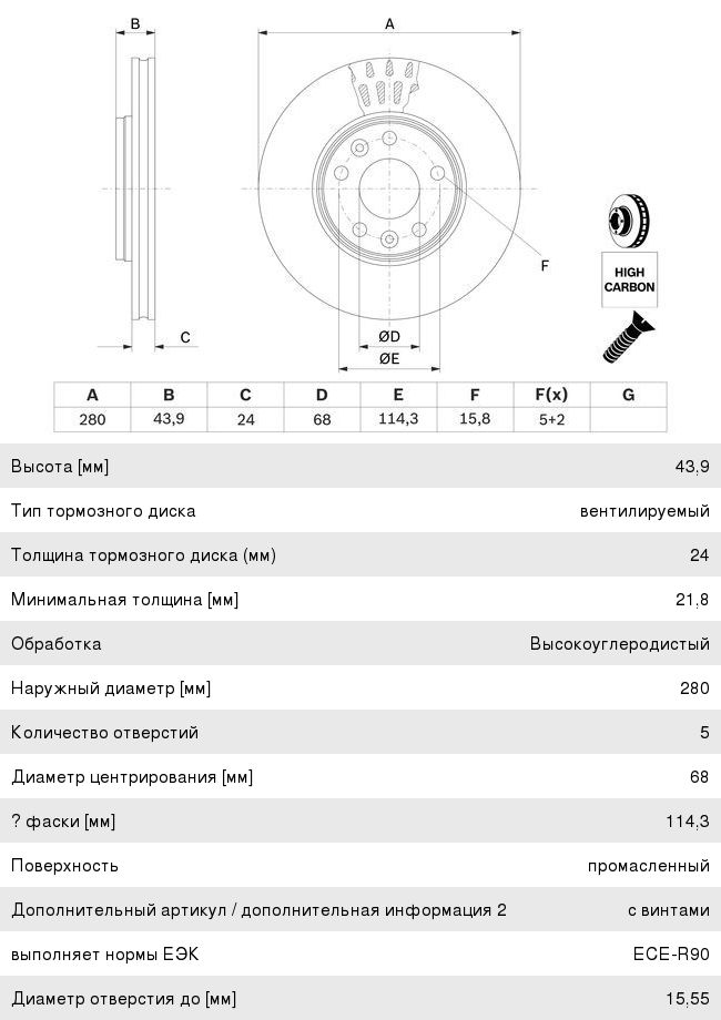 Диск тормозной RENAULT Megane (08-), Laguna (07-), Duster (10-) передний (1шт.) BOSCH