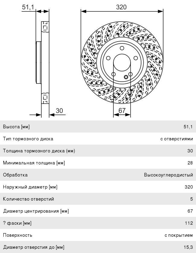 Диск тормозной MERCEDES A (W176), B (W246), CLA (C117) передний (1шт.) BOSCH