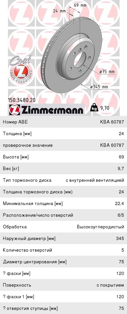 Диск тормозной BMW 5 (F07, F10) задний (1шт.) ZIMMERMANN, 34216775289,
                                                          фото 1 Изображение 1, 150348020 Диск тормозной BMW 5 (F07, F10) задний (1шт.) ZIMMERMANN