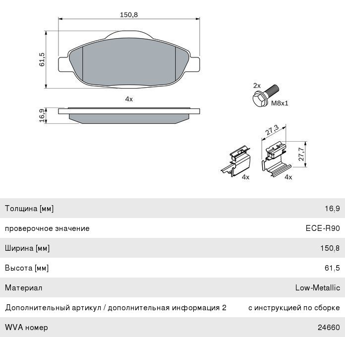 Колодки тормозные PEUGEOT 308 (07-), 3008 (09-) передние (4шт.) BOSCH