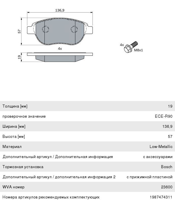 Колодки тормозные PEUGEOT 307 (1.62.0Hdi) (00-) CITROEN C4 (04.00-) передние (4шт.) BOSCH