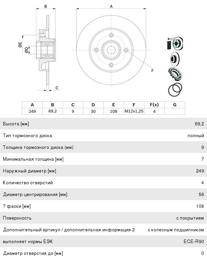 Диск тормозной PEUGEOT 307 (02-10) CITROEN C4 (04-) задний (1шт.) BOSCH
