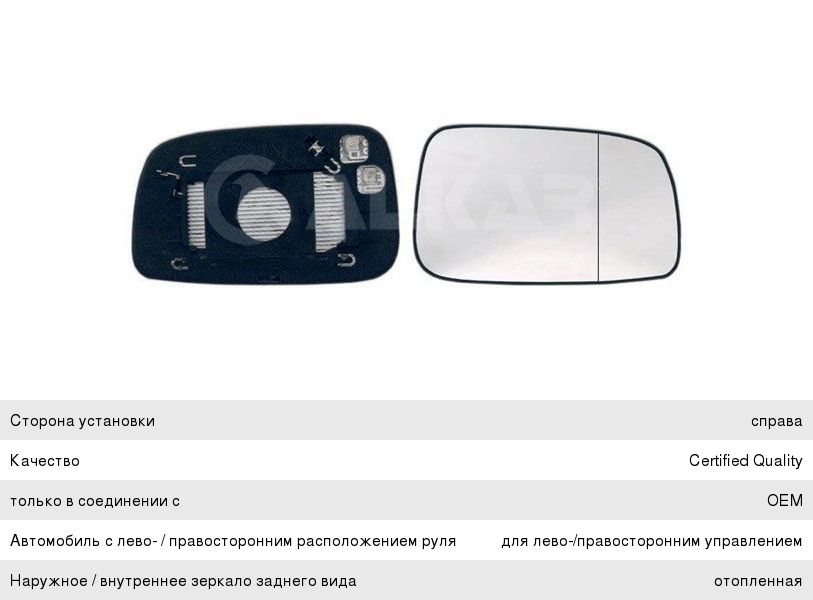 Изображение 1, 6432265 Элемент зеркальный TOYOTA Avensis (06-08) правый ALKAR