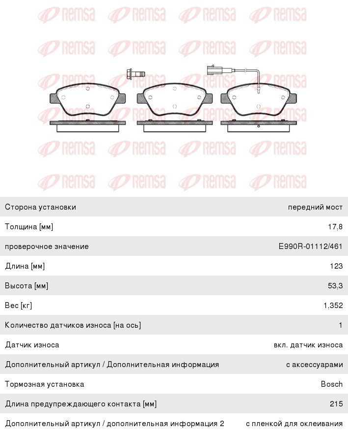 Колодки тормозные FIAT Doblo (03-) передние (4шт.) REMSA