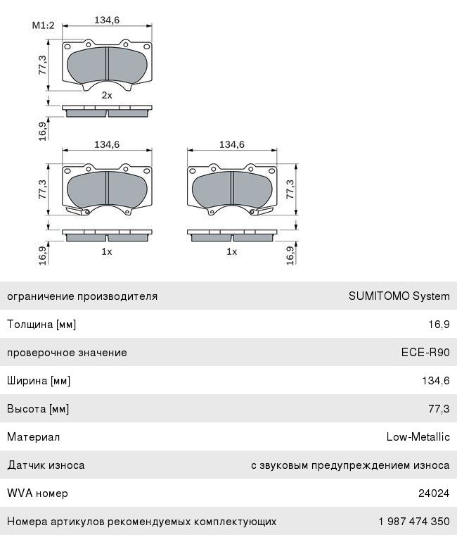 Колодки тормозные MITSUBISHI Pajero 4 (07-) TOYOTA Land Cruiser Prado (03-) передние (4шт.) BOSCH