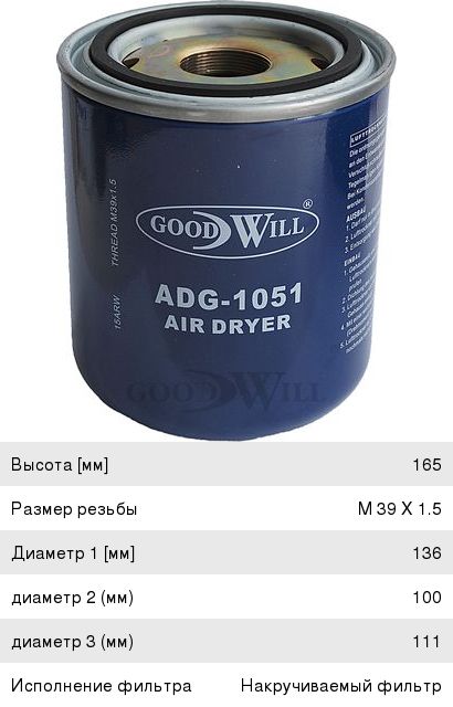 Изображение 1, ADG1051 Фильтр-патрон КАМАЗ МАЗ ПАЗ осушителя воздуха (AL12) GOODWILL