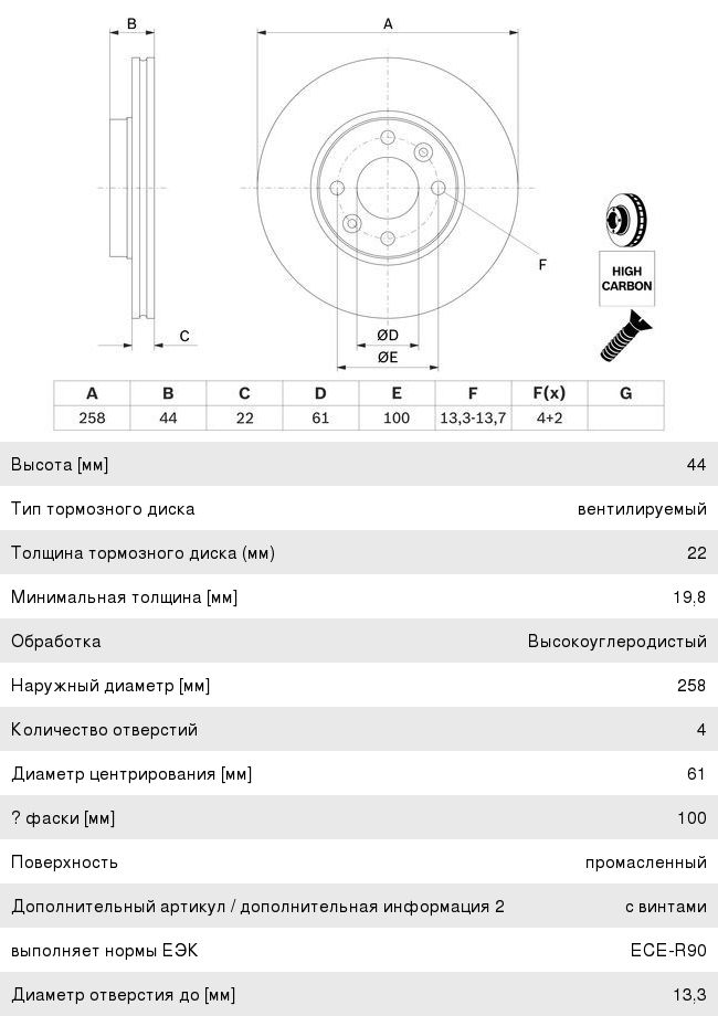 Диск тормозной ЛАДА X-Ray (15-) RENAULT Kangoo (09-) передний (1шт.) BOSCH