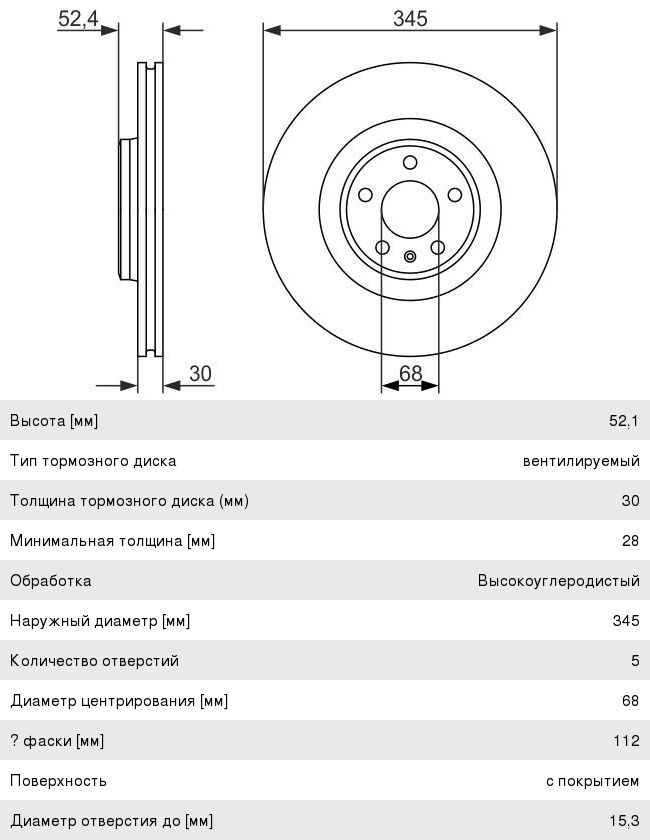 Диск тормозной AUDI A6, A7 (11-), S4, S5, SQ5 передний (345х30) (1шт.) BOSCH