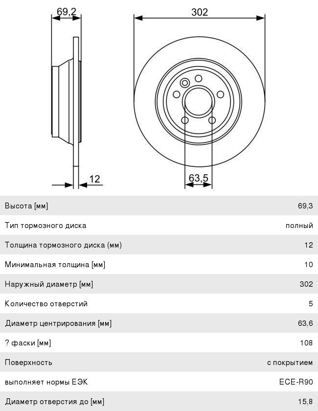 Диск тормозной VOLVO S80 (04-) задний (1шт.) BOSCH