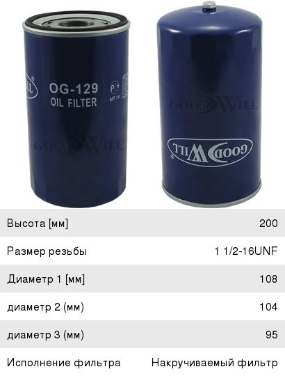 Изображение 1, OG129 Фильтр масляный HYUNDAI HD120, AeroTown дв.D6DA19/22 GOODWILL