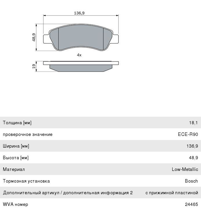 Колодки тормозные PEUGEOT Boxer CITROEN Jumper FIAT Ducato (06-) задние (4шт.) BOSCH