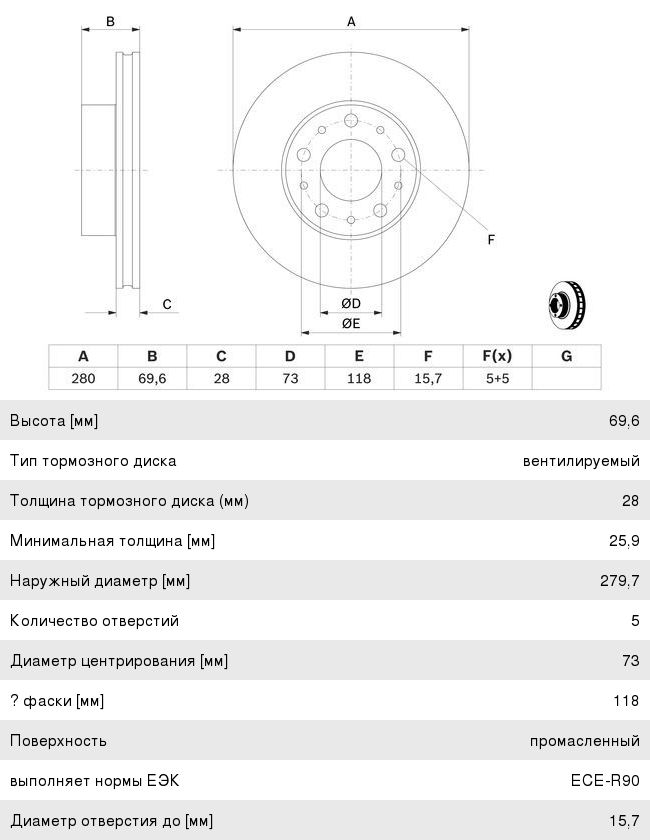 Диск тормозной PEUGEOT Boxer (06-) CITROEN Jumper (06-) передний (1шт.) BOSCH