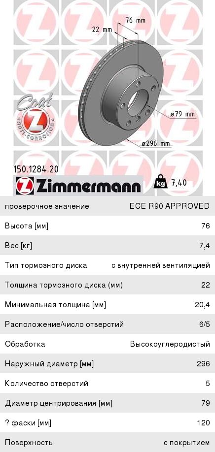 Изображение 1, 150.1284.20 Диск тормозной BMW 5 (E39) передний (1шт.) ZIMMERMANN