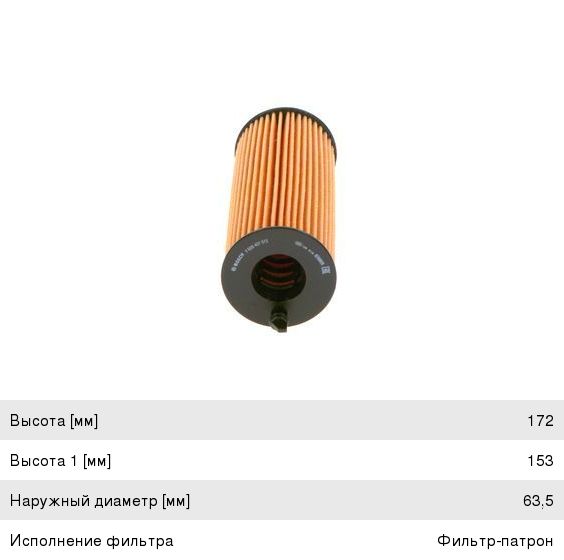 Фильтр масляный BMW 1 (E87, E90, E91), 5 (E60, E61), X3 (E83), X5 (E70) (2.03.0) BOSCH
