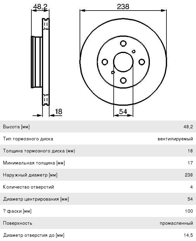 Диск тормозной TOYOTA Corolla (97-02) передний (1шт.) (мин.2шт.) BOSCH