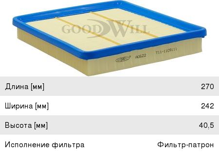 Изображение 1, AG622 Фильтр воздушный CHERY Tiggo (05-08) (2.4) GOODWILL