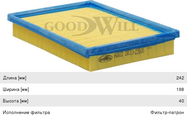 Изображение 1, AG602 Фильтр воздушный HYUNDAI Accent GOODWILL