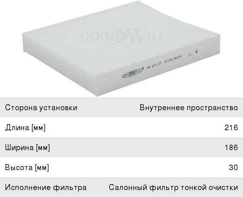 Изображение 1, AG673CF Фильтр воздушный салона SUBARU Forester (02-07) GOODWILL