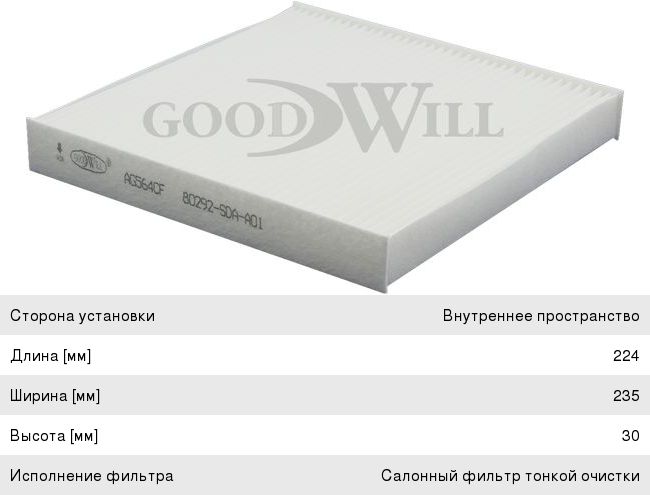 Изображение 1, AG564CF Фильтр воздушный салона HONDA Civic (08-) GOODWILL