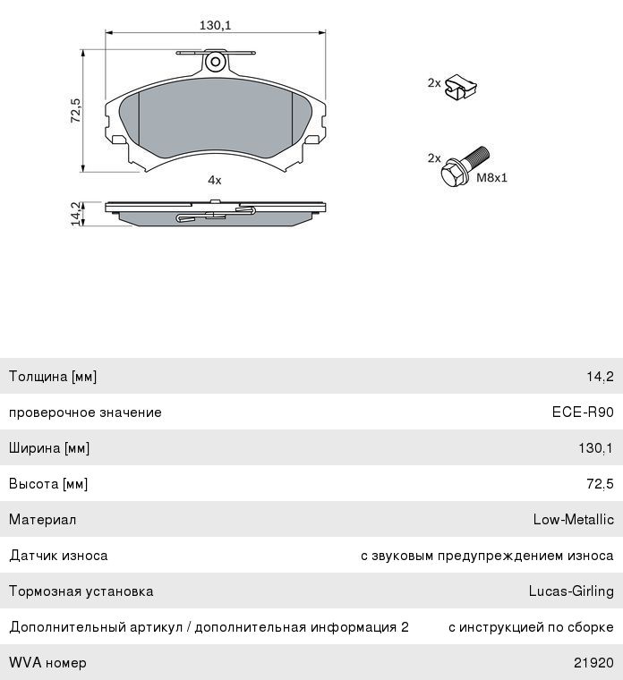 Колодки тормозные VOLVO S, V40(1.62.0) MITSUBISHI Carisma(1.61.9DID)(95-06) передние(4шт.) BOSCH