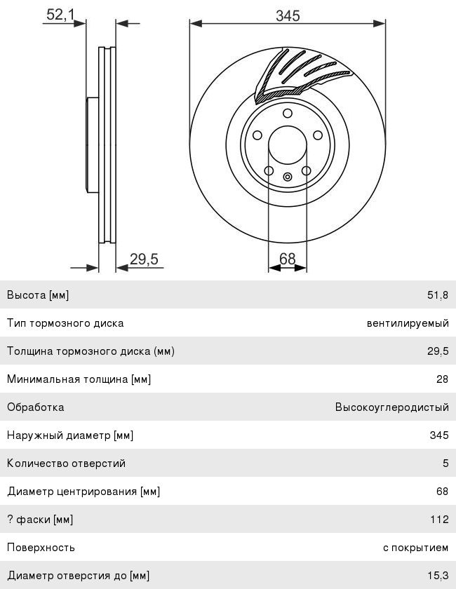 Диск тормозной AUDI A4 (08-), A5 (07-), Q5 (08-) передний (1шт.) BOSCH