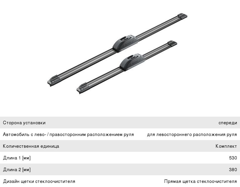 Щетка стеклоочистителя HONDA Jazz (02-) TOYOTA Yaris (02-06) 530380мм комплект Aerotwin BOSCH