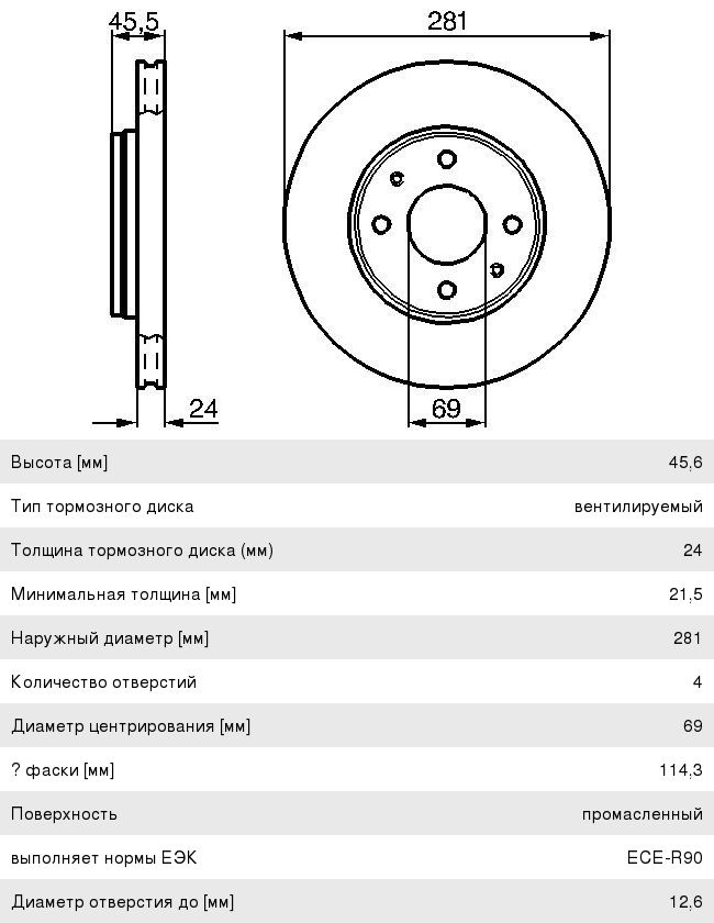 Диск тормозной VOLVO S40 (95-03), V40 (95-04) передний (1шт.) BOSCH