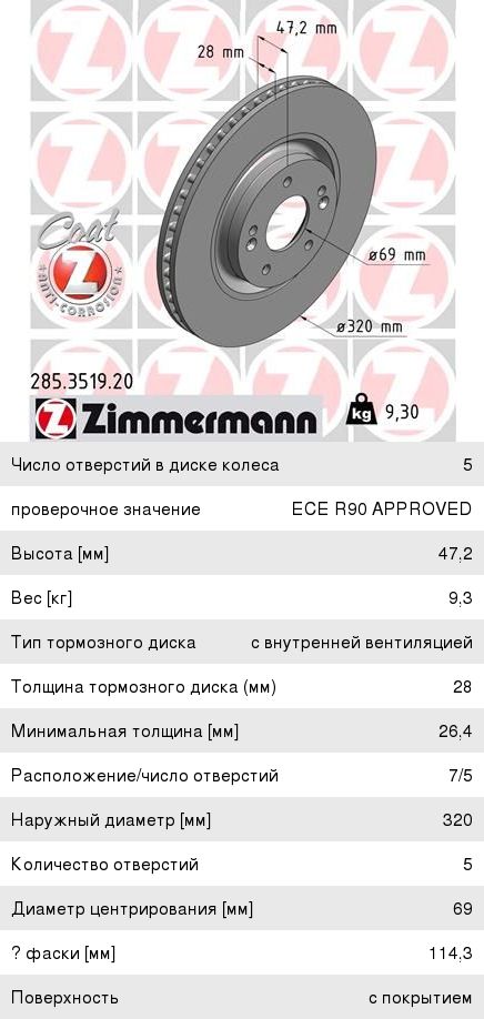 Изображение 1, 285351920 Диск тормозной HYUNDAI i40 (11-), ix35 (13-) KIA Optima (11-) (R17) передний (1шт.) ZIMMERMANN