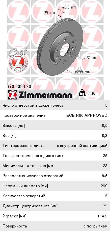 Изображение 1, 370308320 Диск тормозной MAZDA 6 (08-12) передний (1шт.) ZIMMERMANN