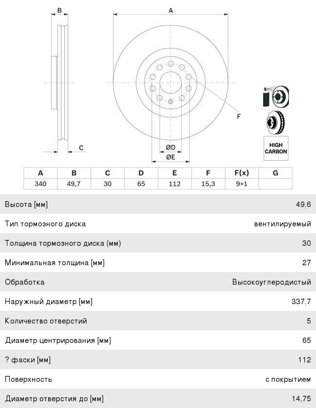 Диск тормозной VW Golf (12-) AUDI A3 (12-) SKODA Octavia (12-) передний вентилируемый (1шт.) BOSCH