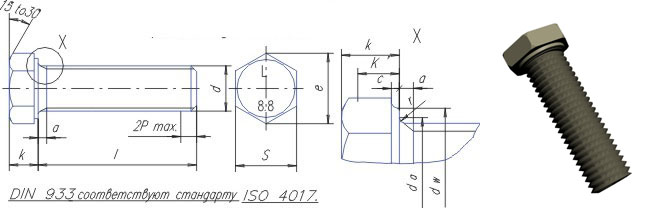 Болты с шестигранной головкой и резьбой до головки (DIN 933 ISO 4017)